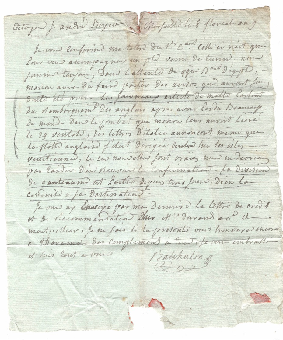 CONSULAT: Lettre  Mai 1801 (an 9) " Flotte Anglaise Se Dirige Sur Les Isles Vénitiennes " Lettre Vers Thorame Haute - Documentos Históricos