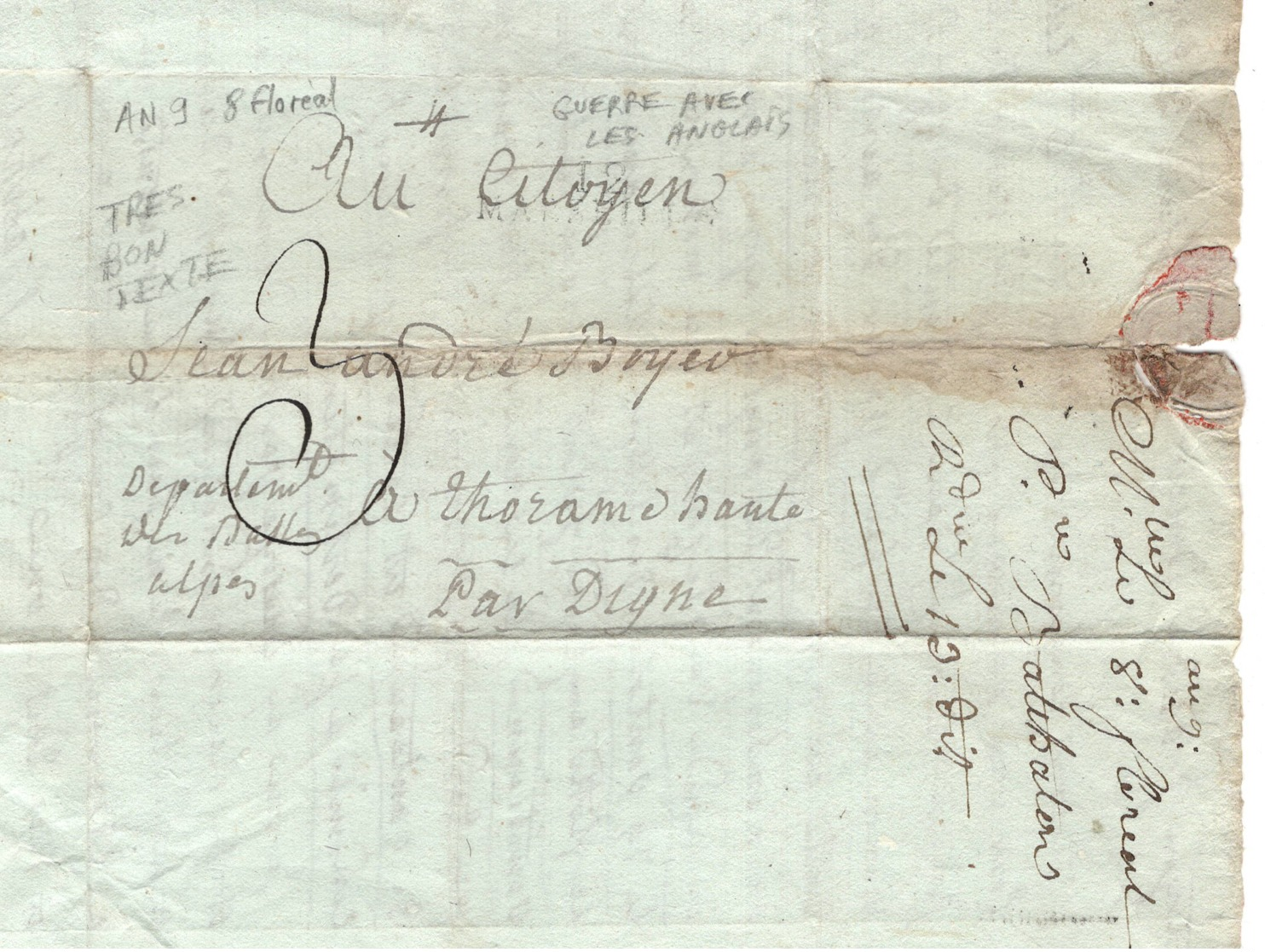 CONSULAT: Lettre  Mai 1801 (an 9) " Flotte Anglaise Se Dirige Sur Les Isles Vénitiennes " Lettre Vers Thorame Haute - Documentos Históricos