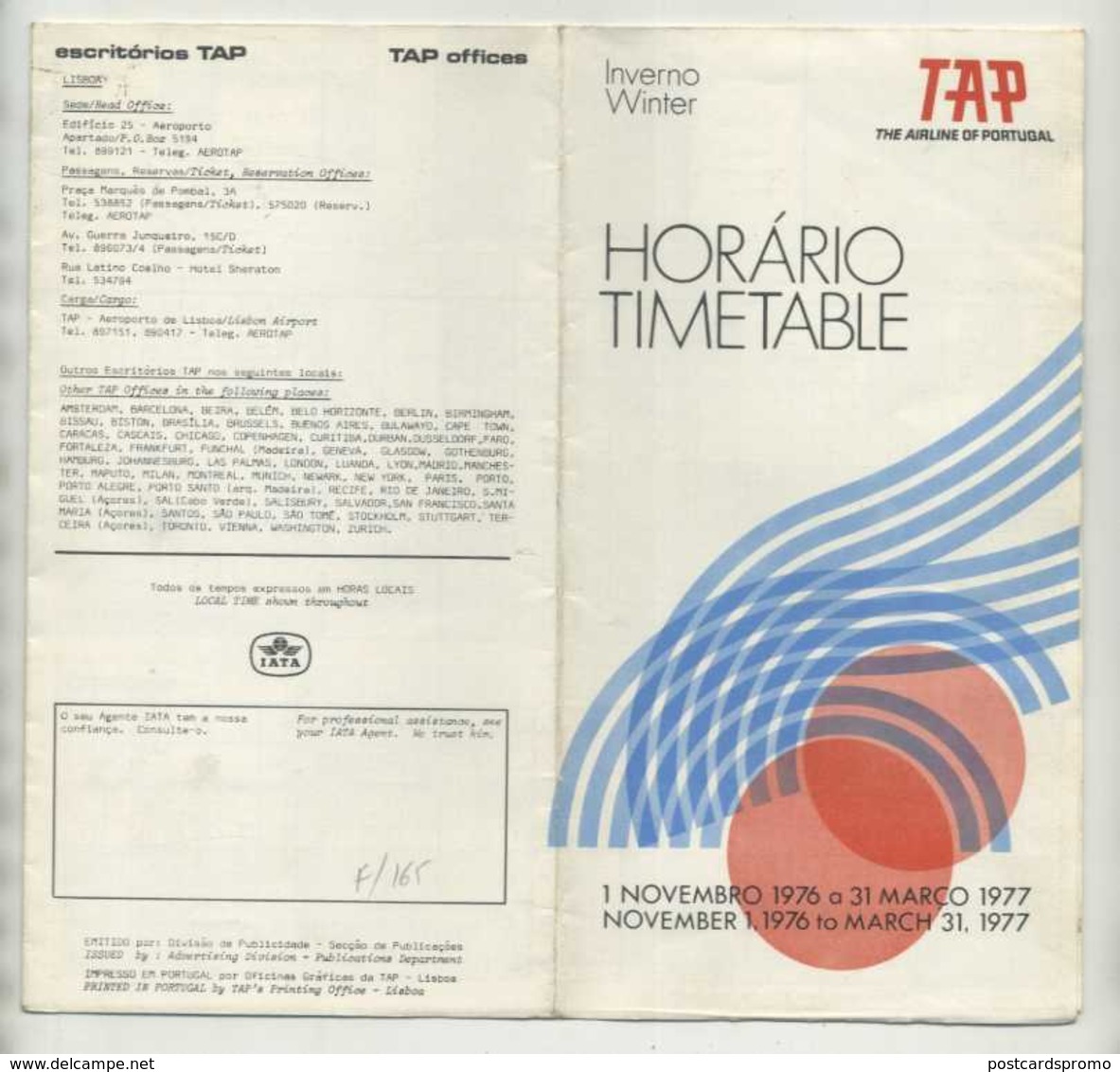 TAP, Transportes Aéreos Portugueses, Timetable Winter 1977  (4 Scans ) - Horarios