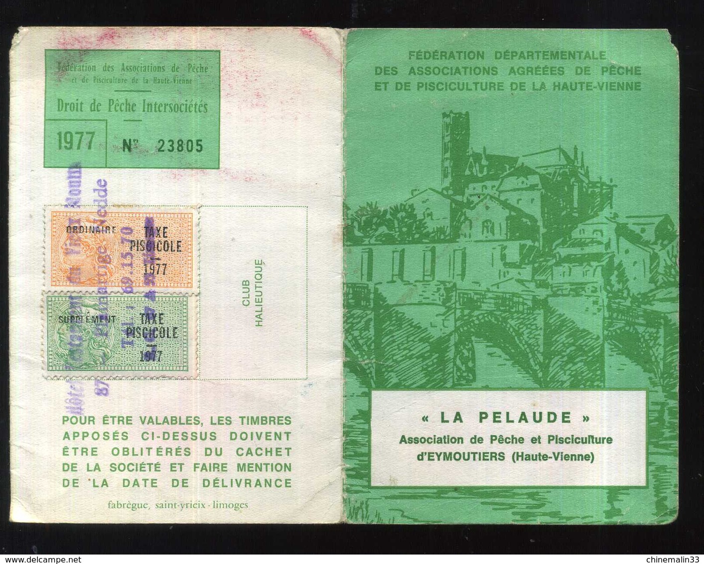 PERMIS DE PECHE 1977 AVEC TIMBRES TAXE PISCICOLE - Collections