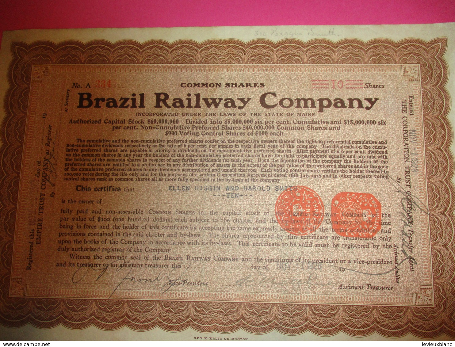 Common Shares/ Brazil Railway Company/ Empire Trust Company/State Of Maine / USA/ 1928                ACT179 - Chemin De Fer & Tramway