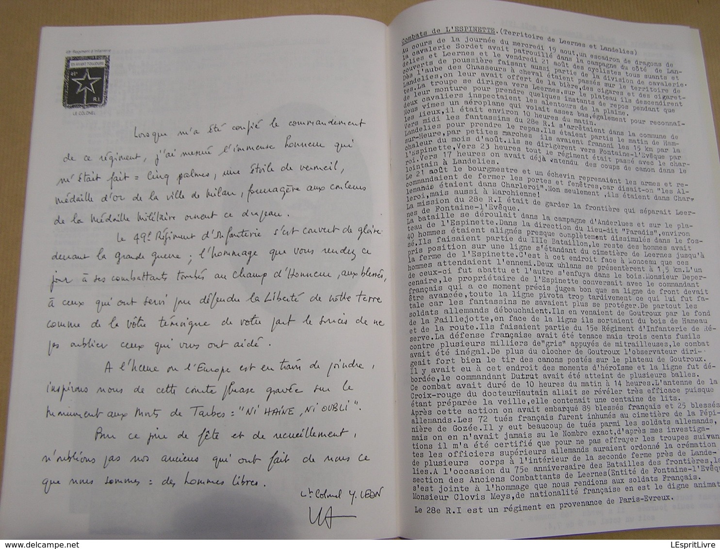 75 ème Anniversaire BATAILLES DES FRONTIERES Août 1914 Guerre 14 18 Charleroi Lobbes Gozée Régionalisme Hainaut Armée