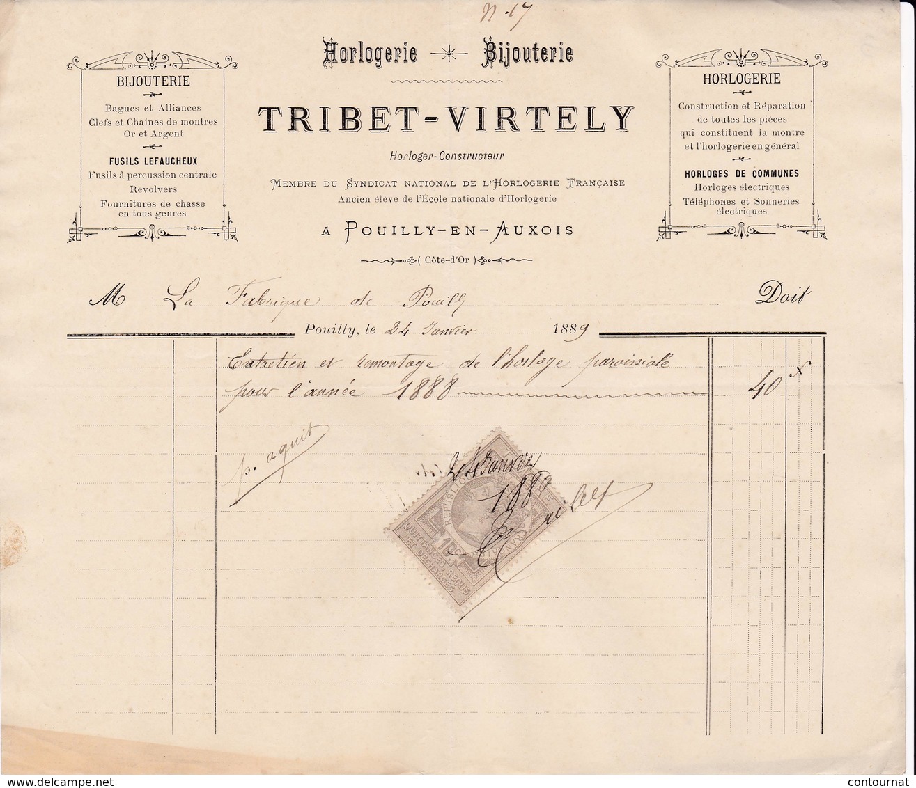 21 POUILLY En Auxois FACTURE 1888 Horlogerie Bijouterie TRIBET VIRTELY  - X20 Côte D' Or C/ ARNAY LE DUC - 1800 – 1899