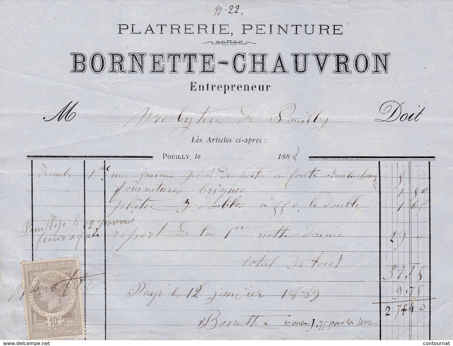 21 POUILLY En Auxois FACTURE 1888  Platreir Epeinture BORNETTE CHAUVRON - X20 Côte D' Or C/ ARNAY LE DUC - 1800 – 1899