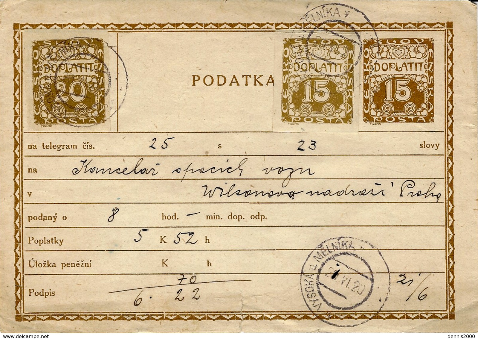 1920 -;PODATKA   E P 20 + 15 +15  From Vysoka  U. Melnika - Covers & Documents