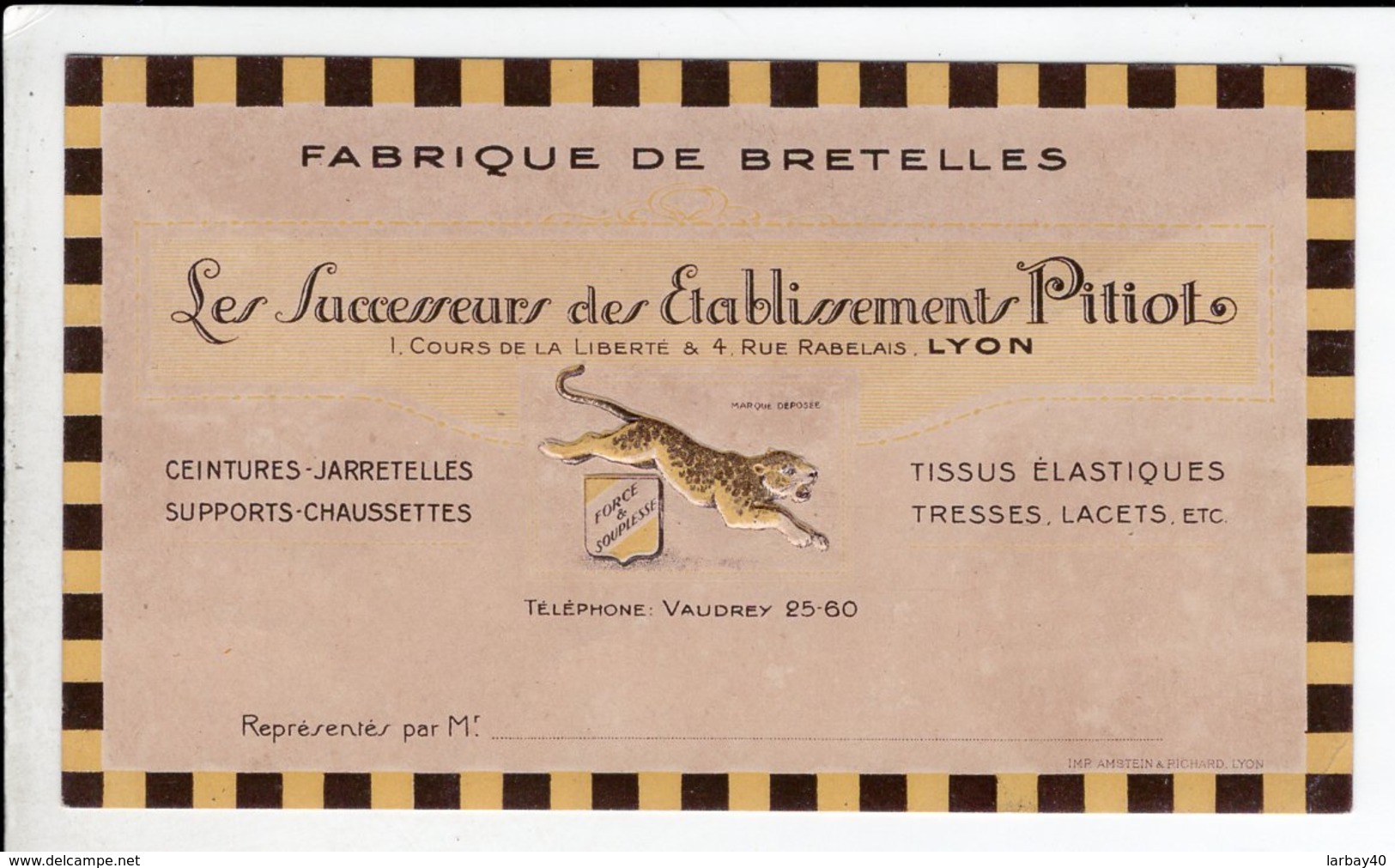 Carte De Visite Fabrique De Bretelles Pitiot Rue Rabelais Lyon - Visitekaartjes