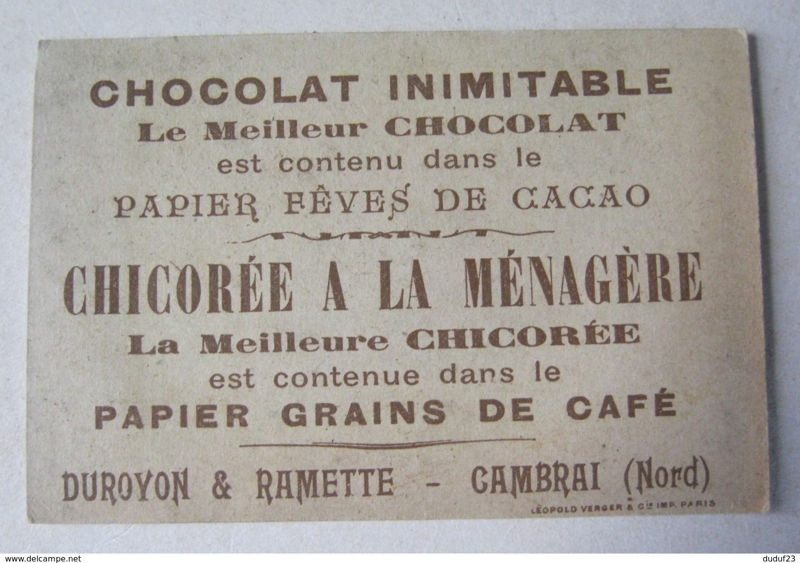 CHROMO CHOCOLAT DUROYON & RAMETTE CHICOREE A LA MENAGERE LA CRUCHE CASSEE Tableau De J B GREUZE Lith Léopold VERGER - Duroyon & Ramette