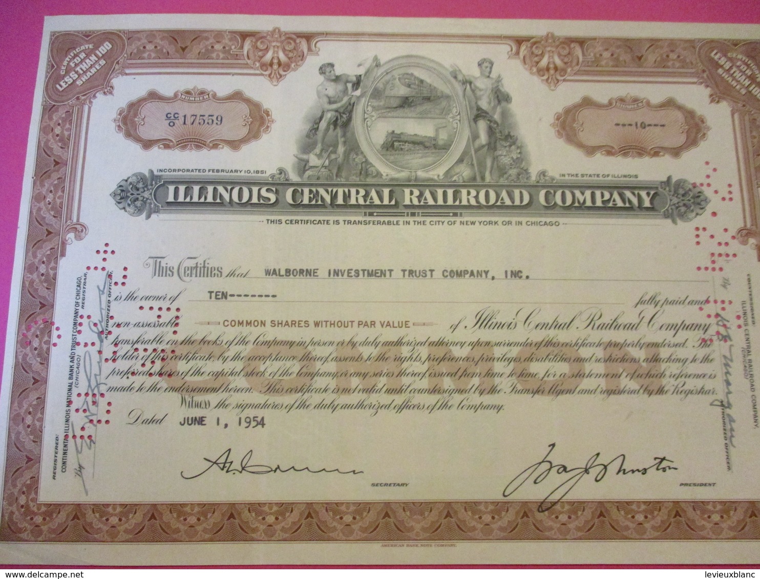 Shares/Illinois Central  Railway Company/ Continental Illinois NationalBank Company/State Of Illinois /USA/ 1954  ACT180 - Chemin De Fer & Tramway