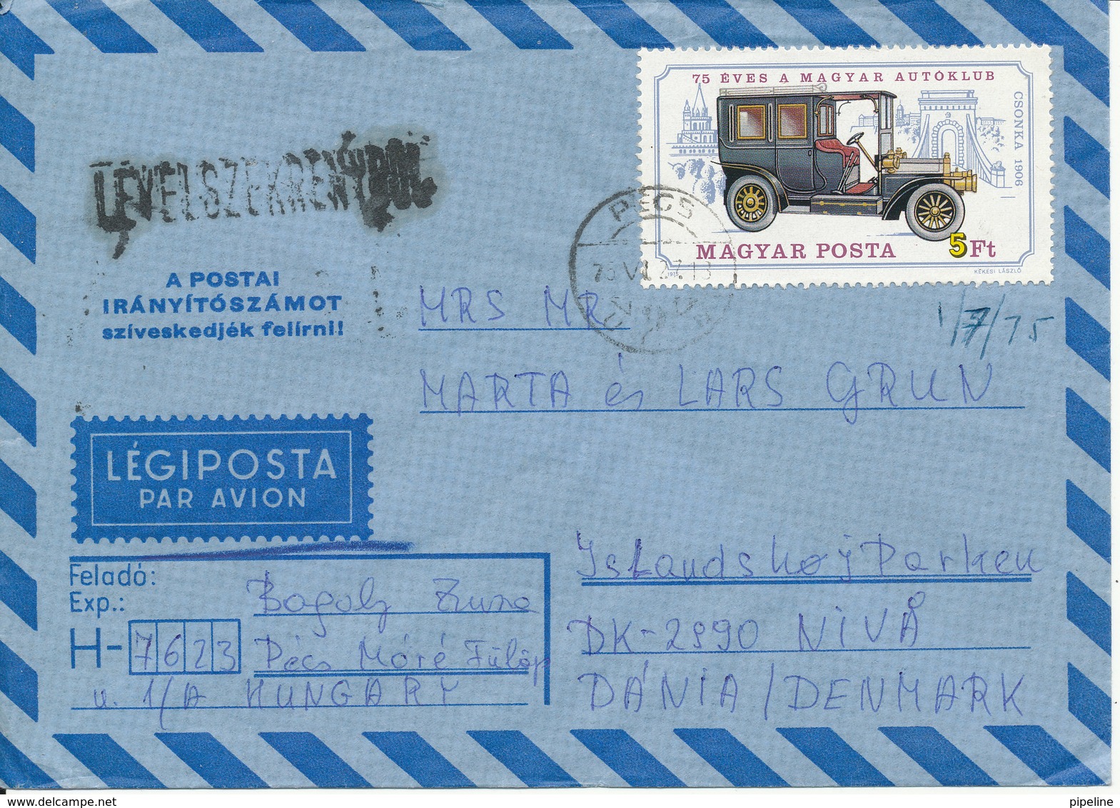 Hungary Air Mail Cover Sent To Denmark 27-6-1975 Single Franked - Covers & Documents