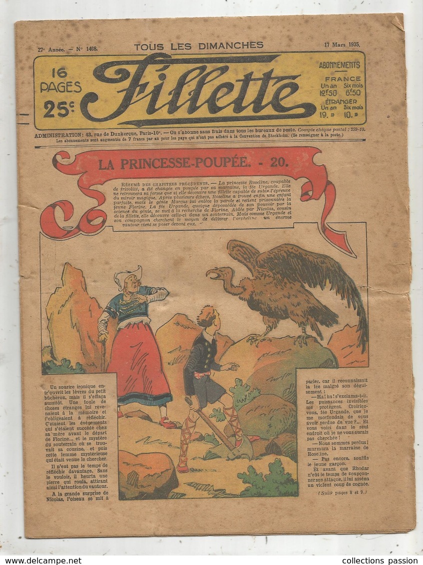 Revue , FILLETTE , 17 Mars 1935 , N° 1408 , LA PRINCESSE-POUPEE, Frais Fr 1.95 E - 1900 - 1949