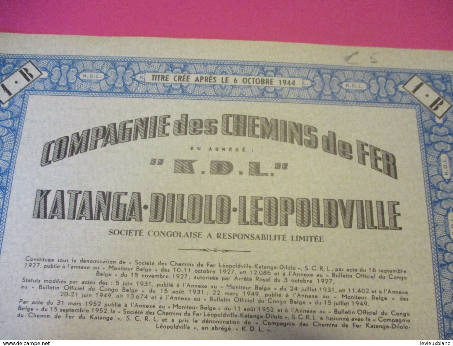 Action De Francs 500 Série B /Compagnie Des Chemins De Fer KATANGA-DILOLO-Leopoldville/ Congo / Bruxelles/ 1952   ACT181 - Chemin De Fer & Tramway