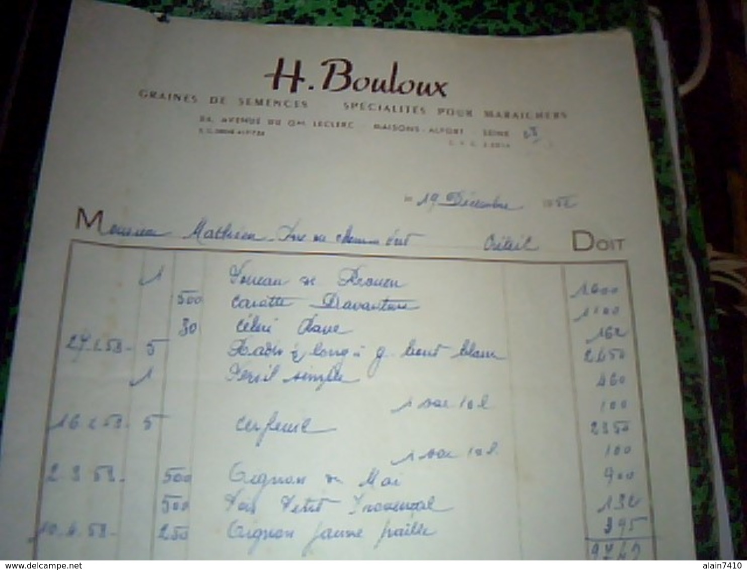 Facture Annee 1952 H.bouloux Graines De Semences Maisons Alfort Fiscal De 28 Francs - Ambachten