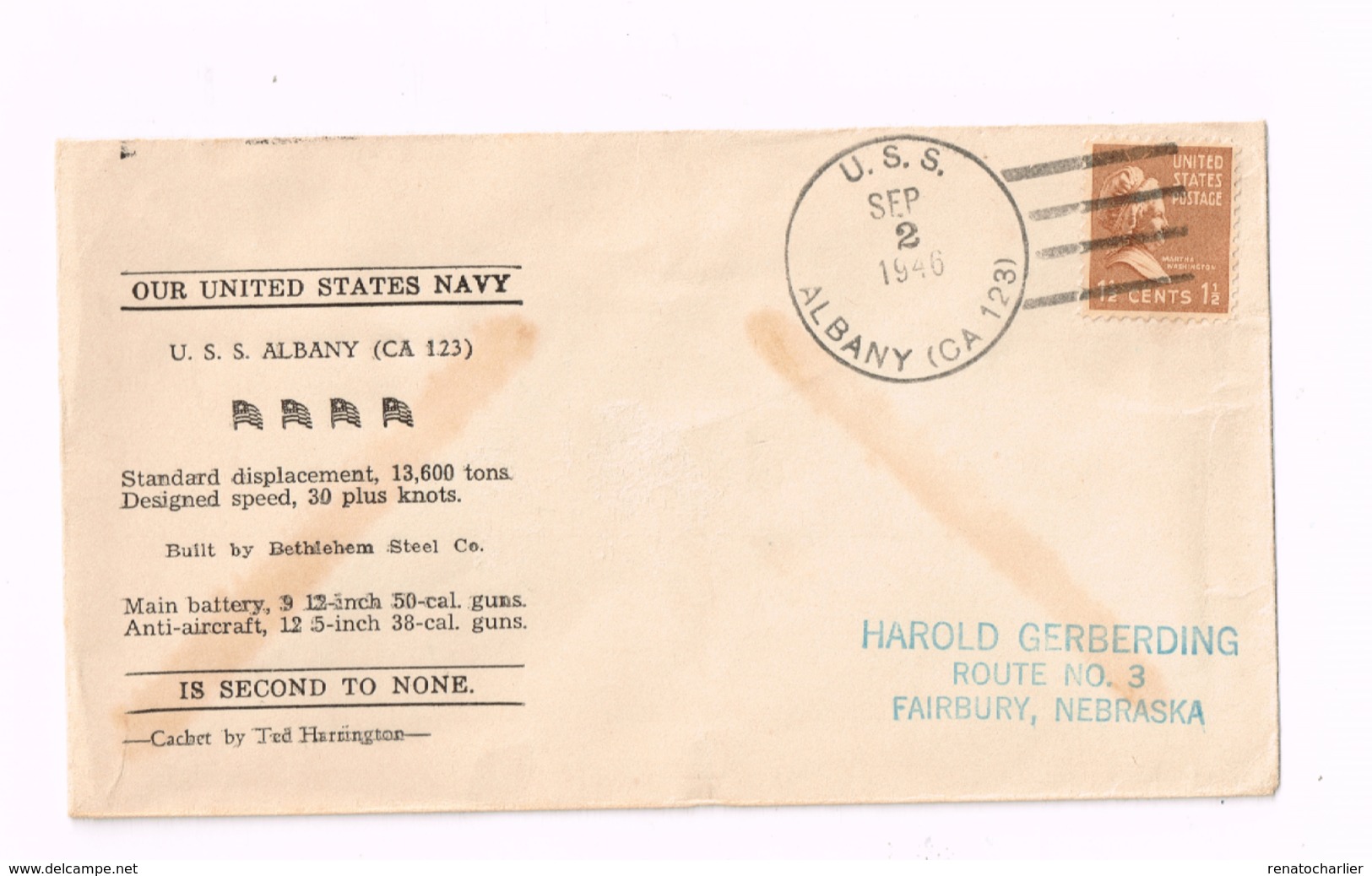 "USS Albany" Our United States Navy.Expédié De Albany (CA) à Fairbury (Nebraska) - Postal History