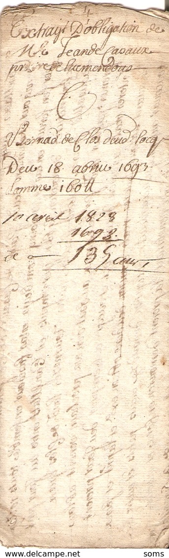 Vieux Papier Du Béarn, 1693, Limendous (64), Le Curé Cazaux Prête 160 £ à Bernard De Clos, Beau Cachet - Historical Documents