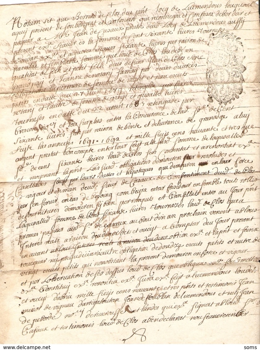 Vieux Papier Du Béarn, 1693, Limendous (64), Le Curé Cazaux Prête 160 £ à Bernard De Clos, Beau Cachet - Historische Dokumente