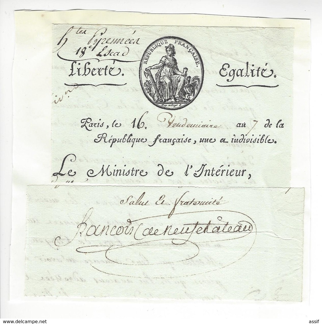 Nicolas François De Neufchâteau (1750-1828) EMPIRE AUTOGRAPHE ORIGINAL AUTOGRAPH 1798 /FREE SHIP. R - Other & Unclassified