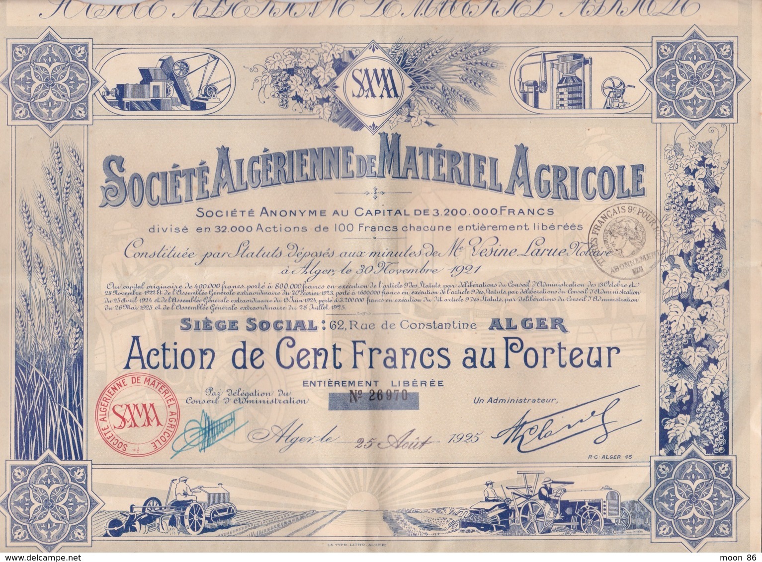 ACTION - SOCIÉTÉ ALGERIENNE MATERIEL AGRICOLE ALGERIE ALGER - TITRE FRANÇAIS SAMA TRACTEUR BATTEUSE FAUCHEUSE - Landbouw