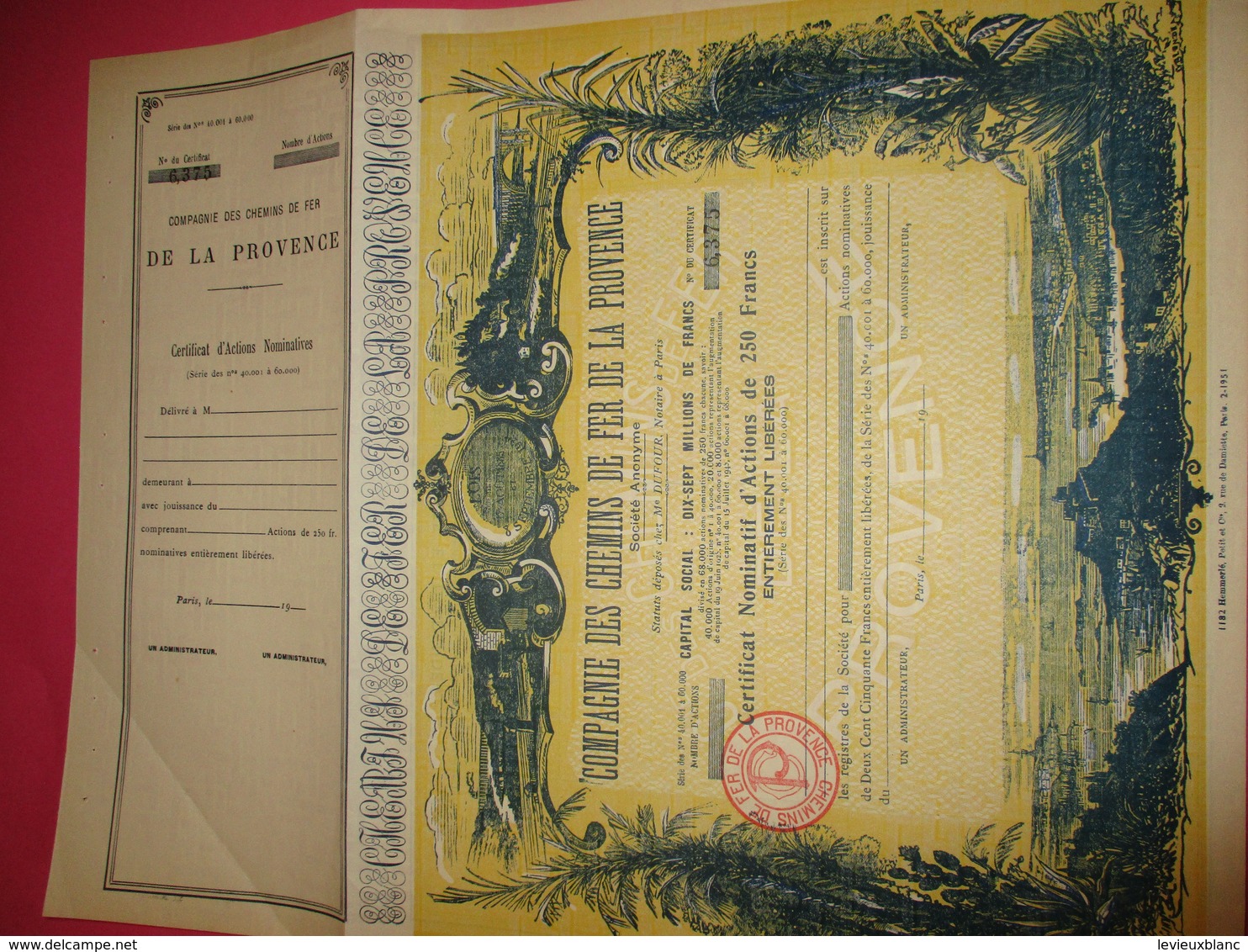 Certificat Nominatif D'actions De 250 Fr Entièrement Libérées/ Compagnie Des Chemins De Far De La PROVENCE/1951   ACT182 - Railway & Tramway