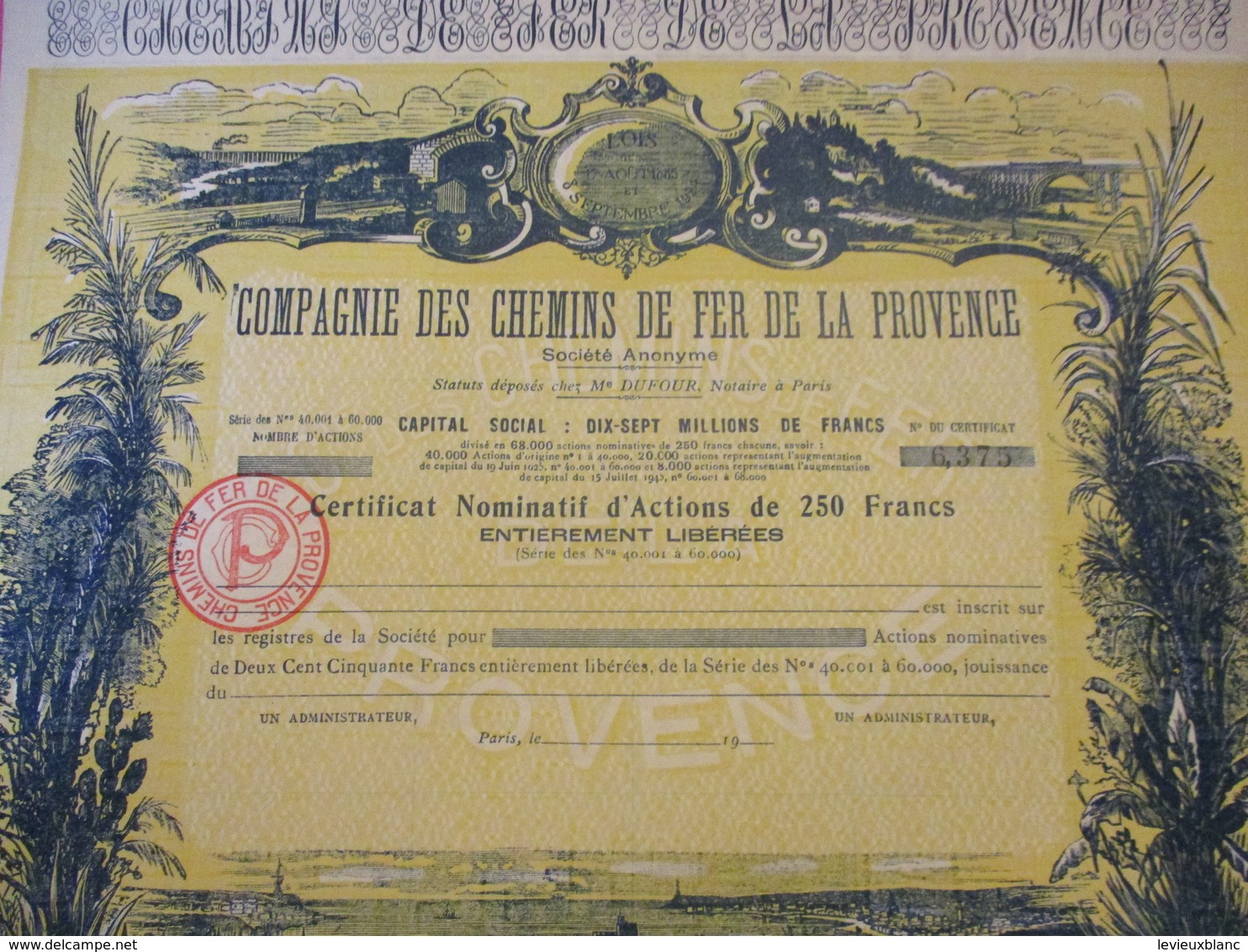 Certificat Nominatif D'actions De 250 Fr Entièrement Libérées/ Compagnie Des Chemins De Far De La PROVENCE/1951   ACT182 - Railway & Tramway
