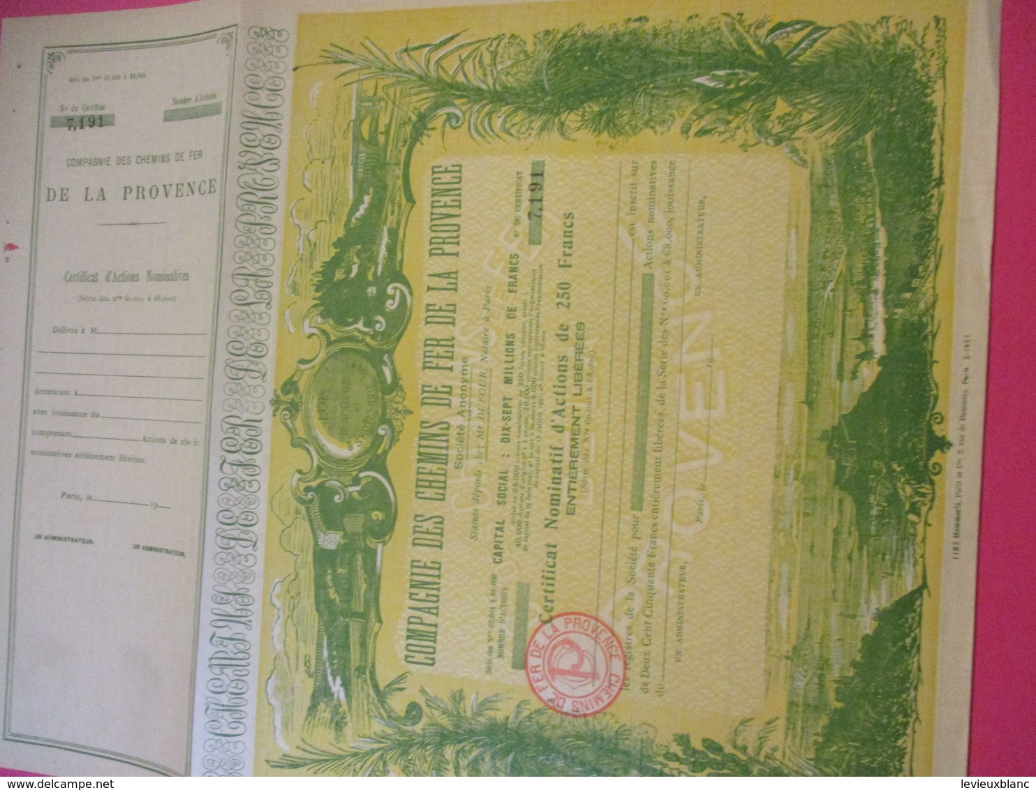 Certificat Nominatif D'actions De 250 Fr Entièrement Libérées/ Compagnie Des Chemins De Fer De La PROVENCE/1951   ACT183 - Ferrocarril & Tranvías