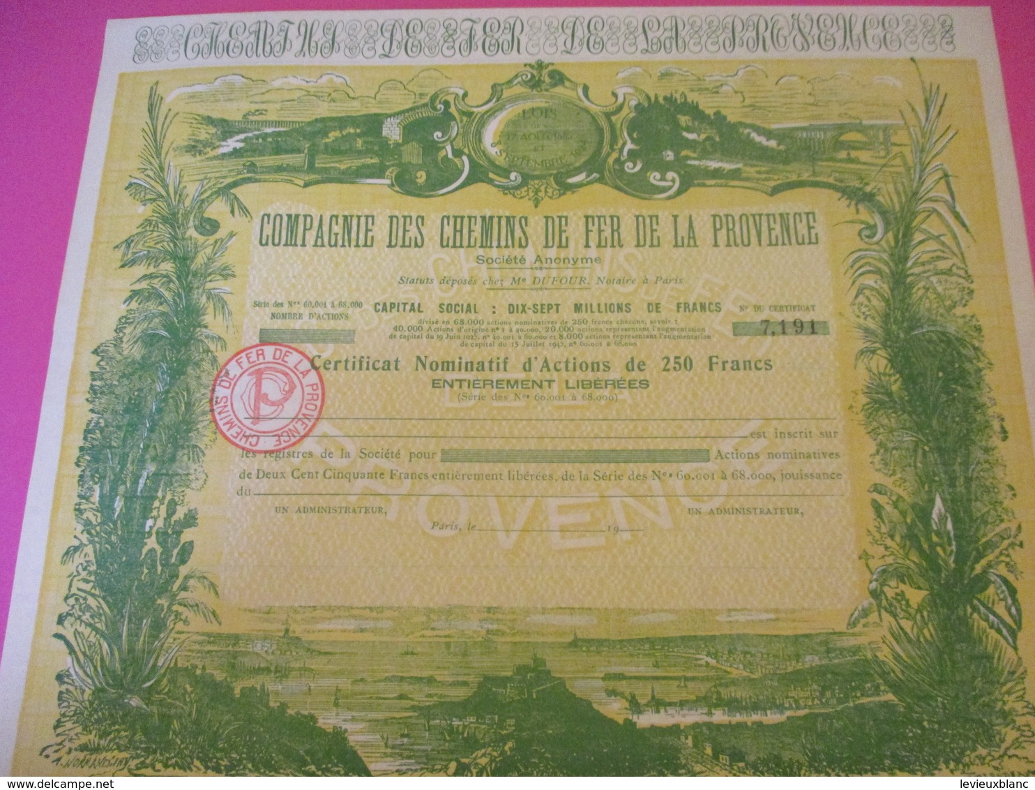 Certificat Nominatif D'actions De 250 Fr Entièrement Libérées/ Compagnie Des Chemins De Fer De La PROVENCE/1951   ACT183 - Railway & Tramway