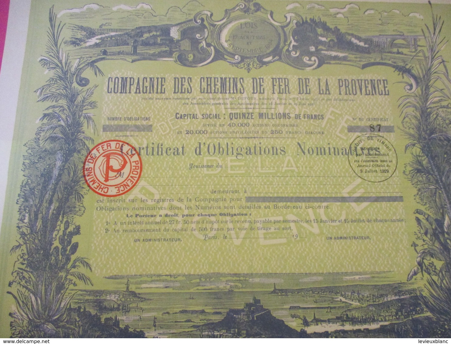 Certificat D'Obligations Nominatives/ Compagnie Des Chemins De Fer De La PROVENCE/1929  ACT184 - Chemin De Fer & Tramway