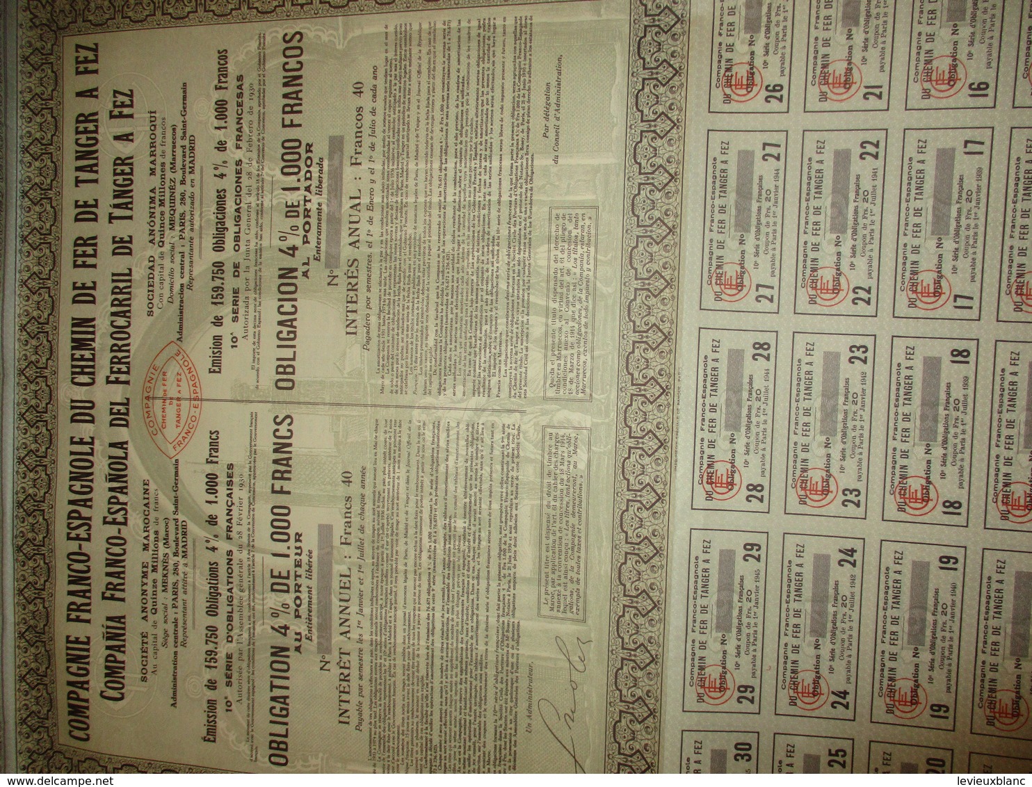 Obligation 4% De 1 000 Francs Au Porteur/ Compagnie Franco-Espagnole Du Chemin De Fer TANGER-FEZ/ MAROC1930       ACT185 - Chemin De Fer & Tramway