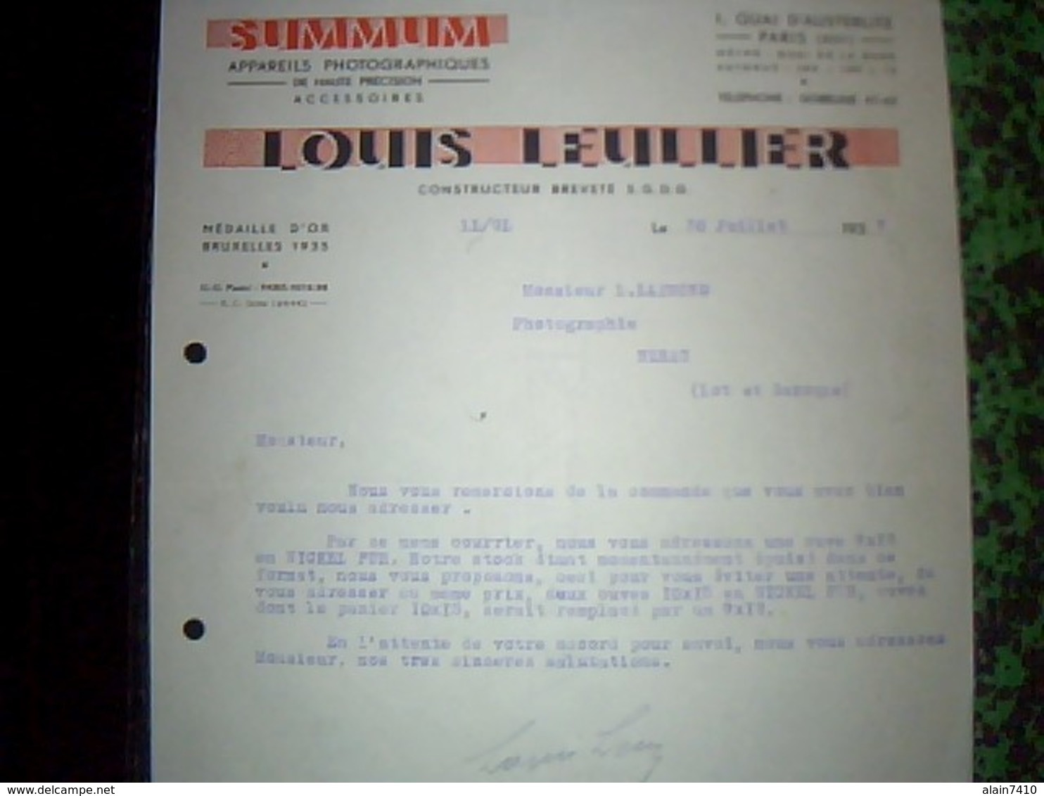 Facture Lettre Annee 1937 Summum Des  Appareils  Photographique De Haute Precision L. Leullier Paris Quai Austerlitz - Autres & Non Classés