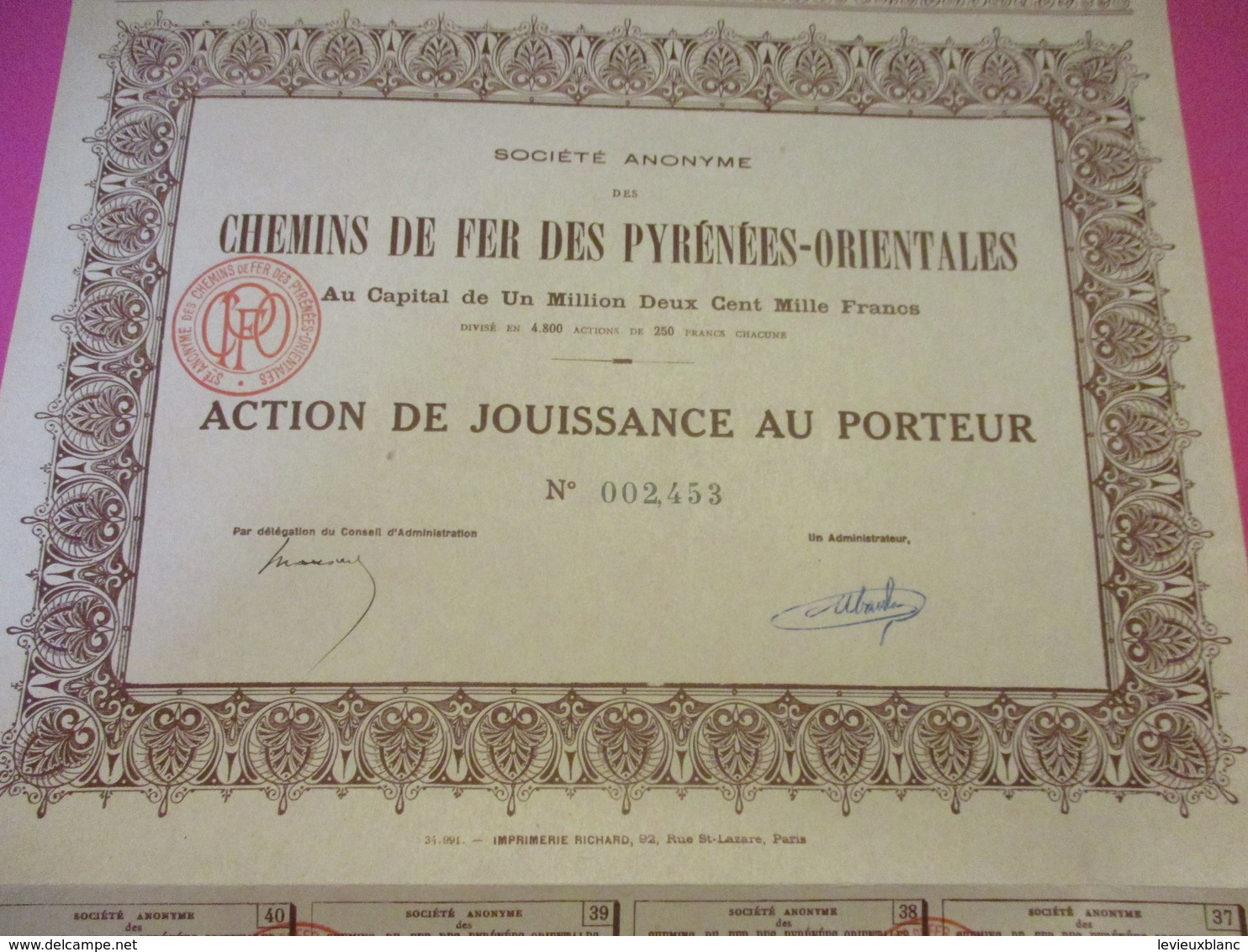 Action De Jouissance Au Porteur/Société Anonymedes Chemins De Fer Des Pyrénées-Orientales/1934     ACT186 - Bahnwesen & Tramways