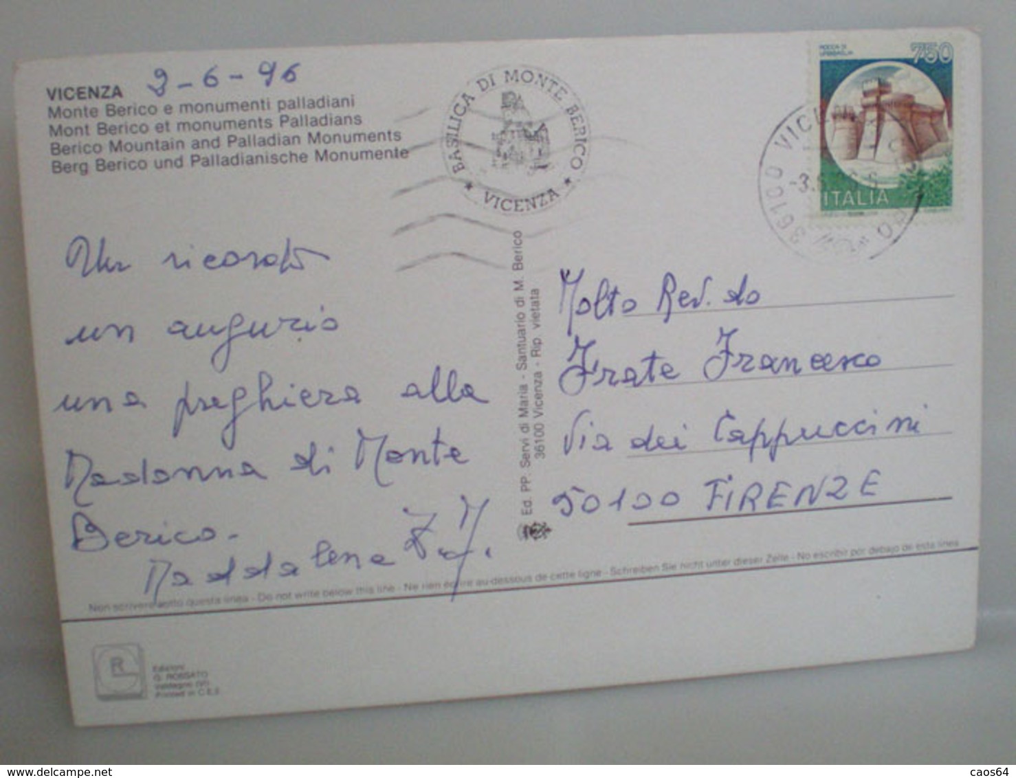 MONTE BERICO SANTUARIO VICENZA Vedute Saluti Da CARTOLINA 1996 - Luoghi Santi