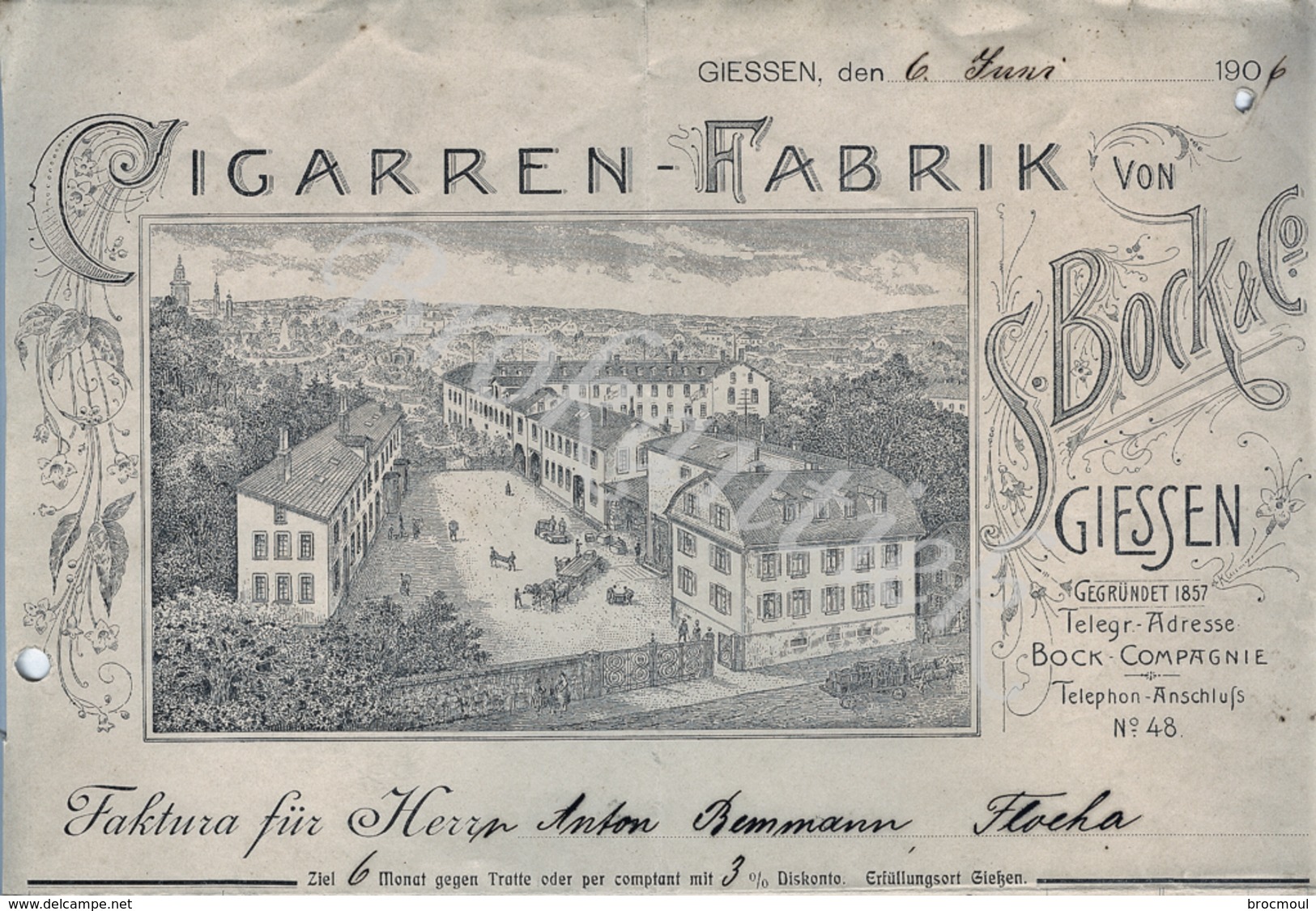 S.BOCK & C°  Cigarren-Fabrik    GIESSEN   Invoice To Herr Anton  Bemmann FLOCHA  6 Juni 1906 - 1900 – 1949