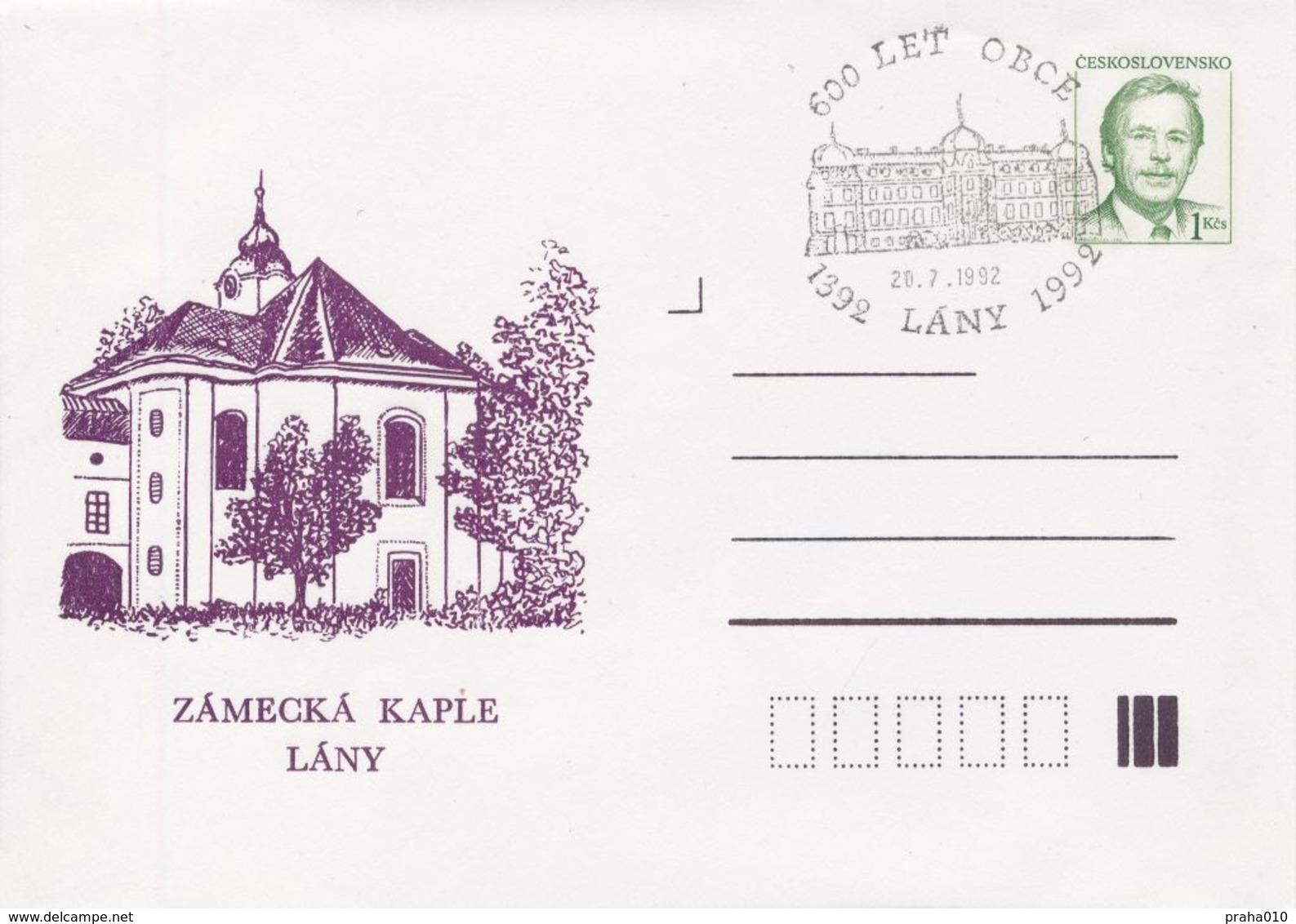 J0859 - Tchécoslovaquie (1992) Entires Postaux / Président V. Havel: Lany - Chapelle Du Château (600 Ans De Village) - Briefe