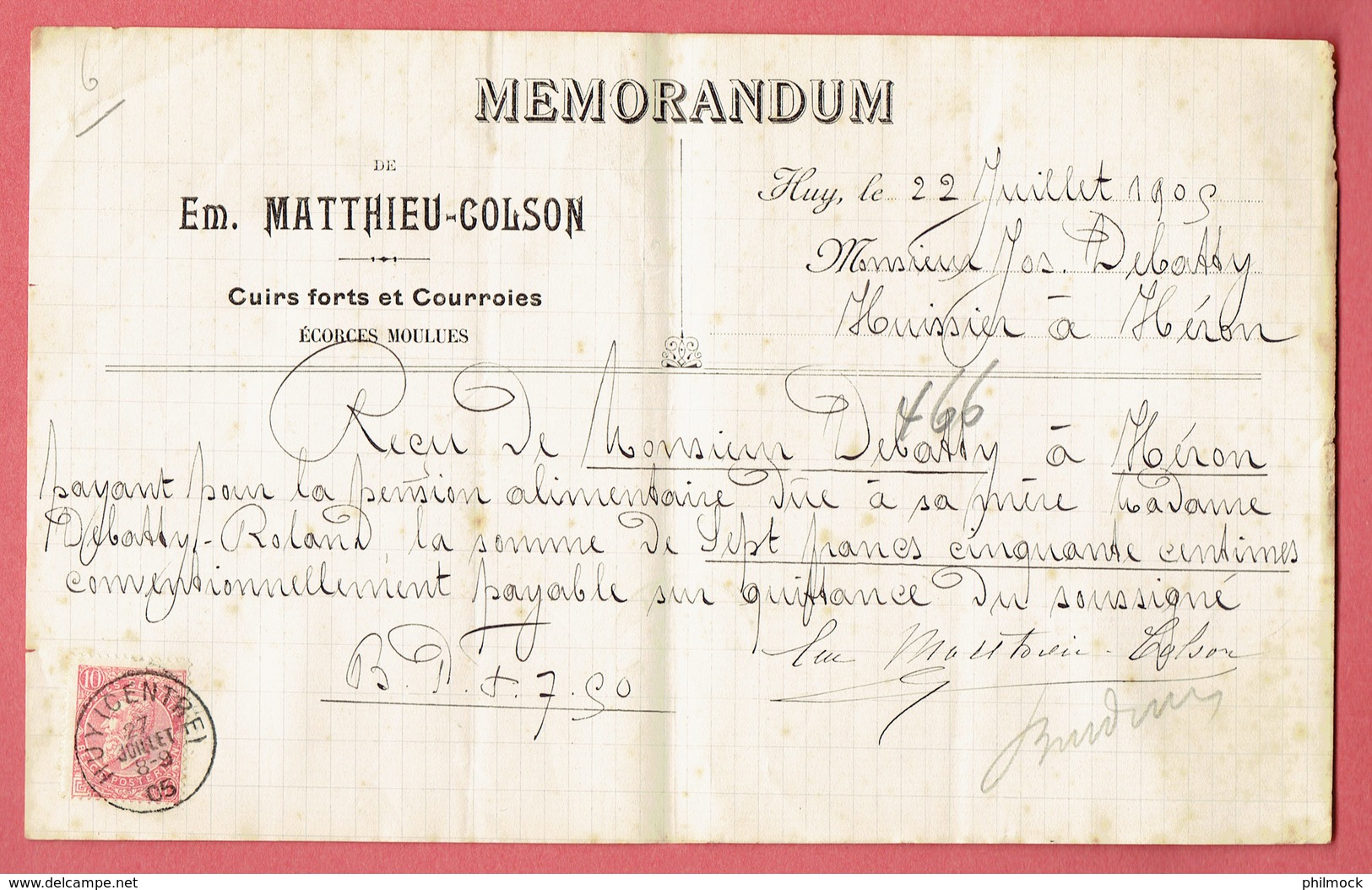 M - Mémorandum De Héron-Burdinne - Obl Huy(centre) Le 27-Juillet-1905 Sur 58 - Par Matthieu-Colson Négociant - 1900 – 1949