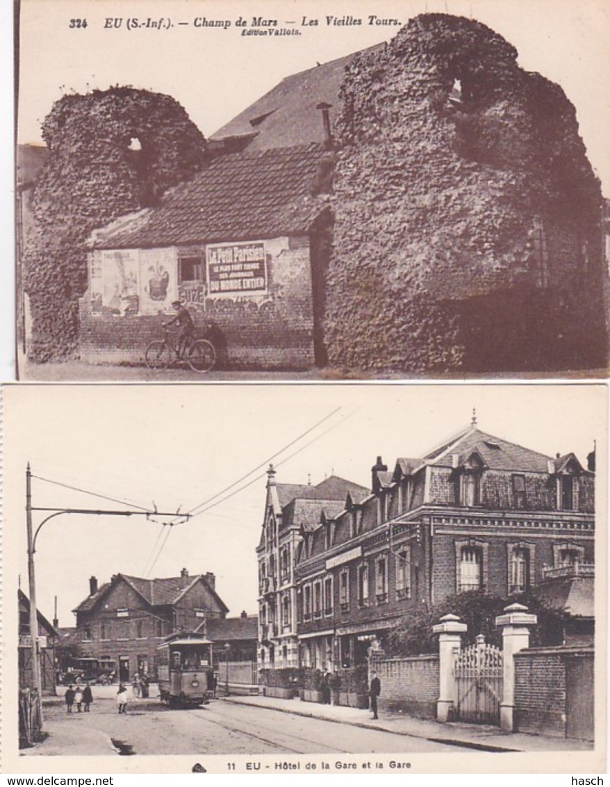 2833	16	Eu, Hotel De La Gare Et La Gare - Champ De Mars Les Vieilles Tours (2 Cartes) - Eu