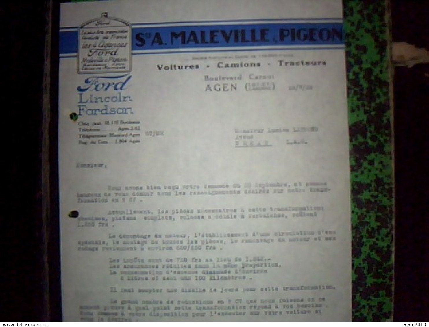 Facture Lettre Ford Lincoln Fordson  Voitures Camions Tracteurs Maleville Pigeon Agence Ford A Agen Annèe 1926 - Transports