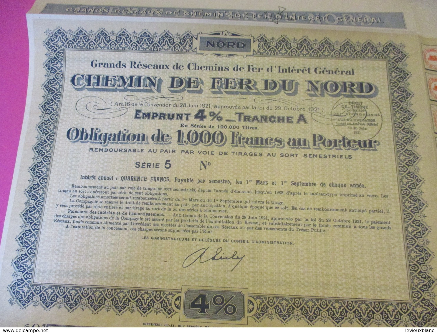 Obligation De 1000 Francs 4 %  Au Porteur/Emprunts 4%/  Chemin De Fer Du Nord /1931    ACT187 - Bahnwesen & Tramways