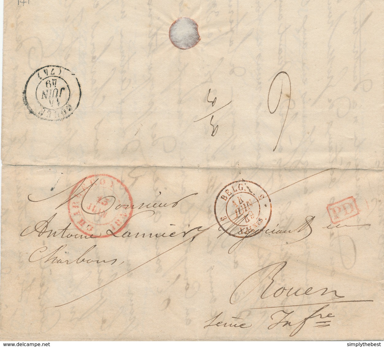 498/28 - CHARBONNAGES - Lettre Précurseur CHARLEROI 1849 Vers ROUEN - Marque PD De Port Payé - Verso 3/3 = 6 Décimes - 1830-1849 (Onafhankelijk België)