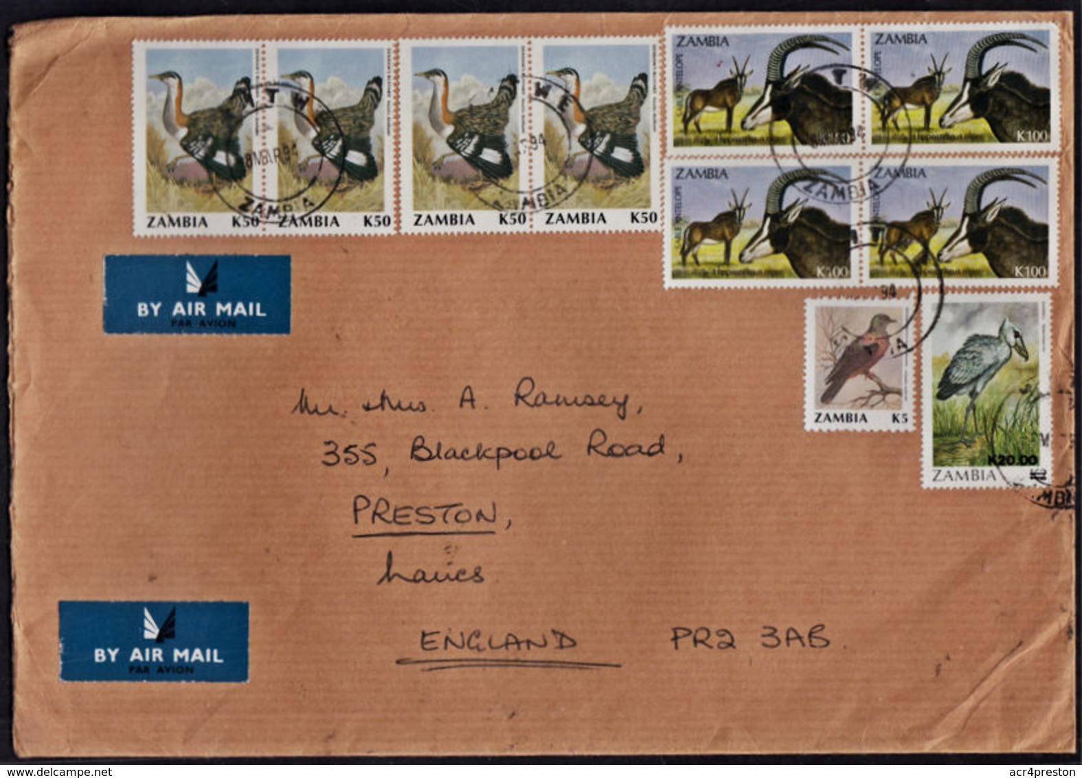 Cb0120 ZAMBIA 1994, Bird & Antelope Stamps On Kitwe Cover To England - Zambia (1965-...)