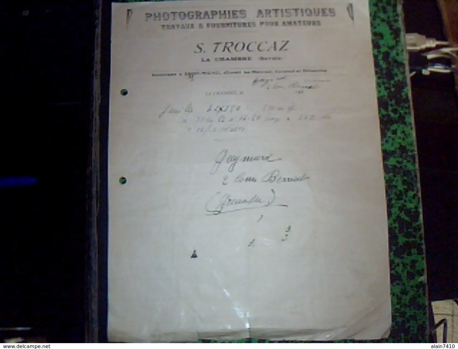 Facture Photographies Artistiques Travaux Et Fournitures Pour Amateurs S.Troccaz A La Chambre Savoie Annèe 1920 - Autres & Non Classés