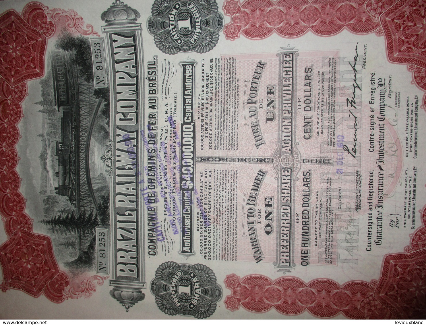 Action Privilégiée De 100 Dollars/ Brazil Railway Company /Compagnie Des Chemins De Fer Au Brésil/Maine/USA/1910  ACT189 - Chemin De Fer & Tramway