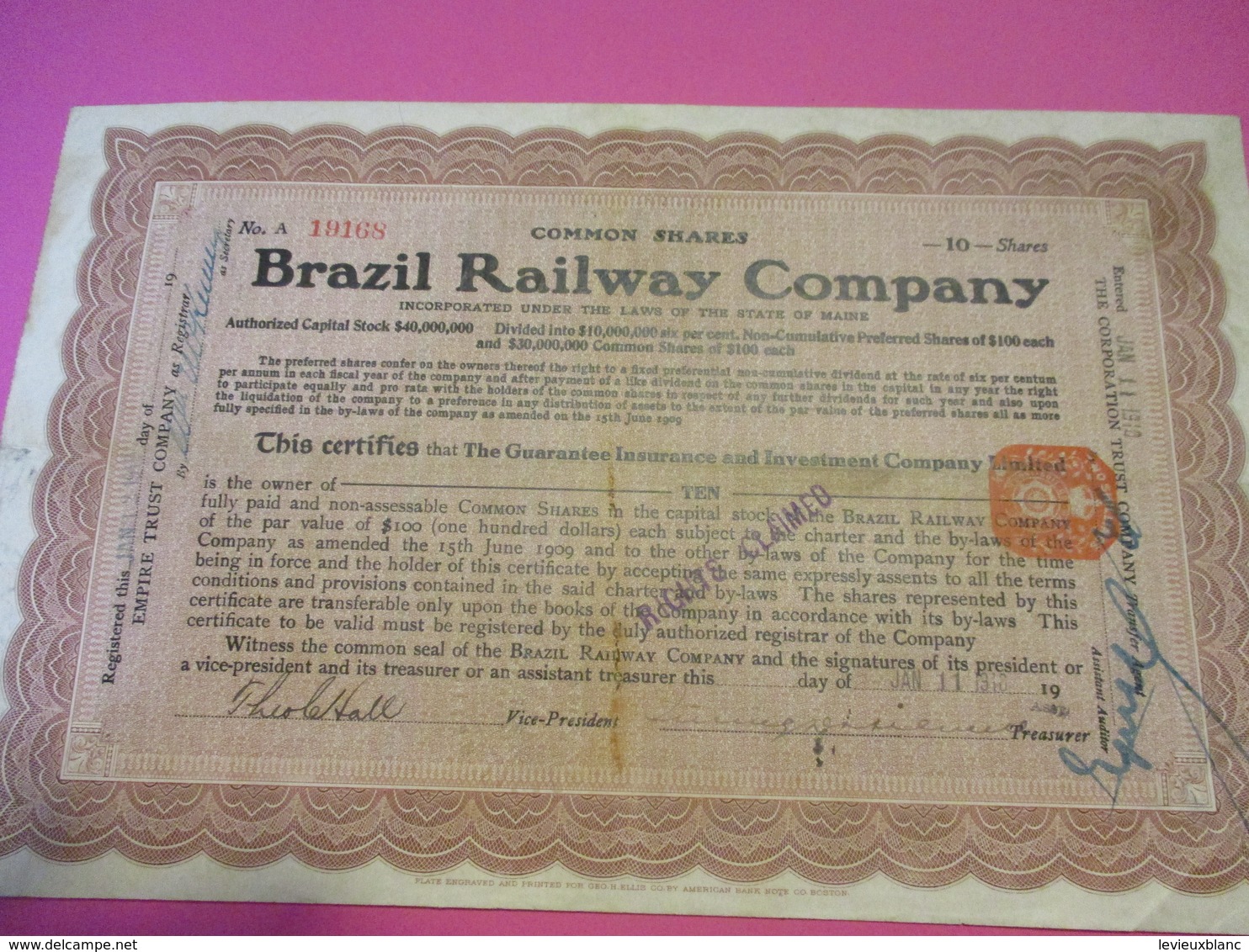 Common Shares  10/ Brazil Railway Company /Empire Trust CompanyUSA/1910  ACT190 - Spoorwegen En Trams