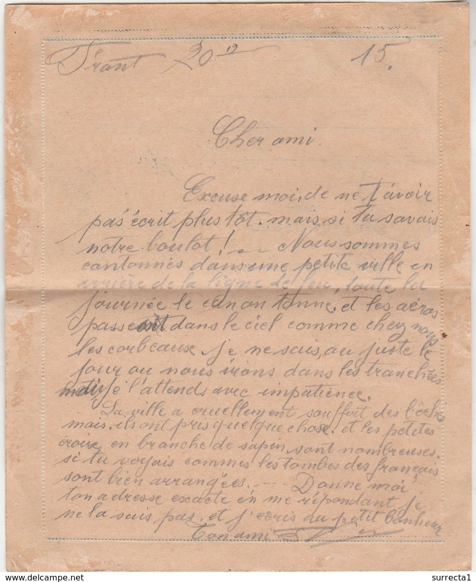 Carte-lettre Franchise Militaire 1915 / Récit Du Front : Canon, Aéros, Croix Sapin Des Morts, Tranchées, Les "boches". - 1914-18