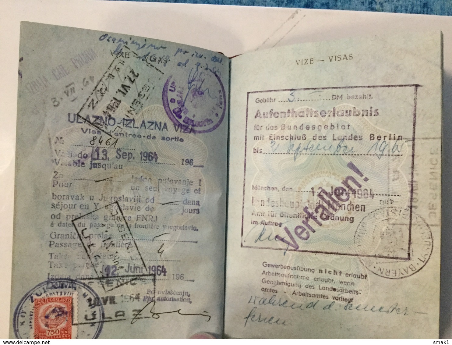 PASSPORT   REISEPASS  PASSAPORTO   PASSEPORT YUGOSLAVIA  1964. VISA TO: GERMANY , SUISSE , AUSTRIA