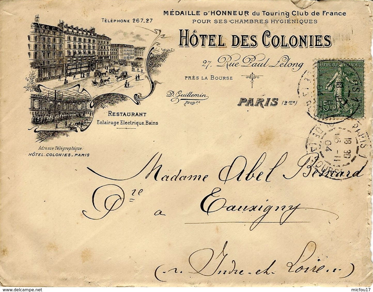 1904- Enveloppe ILLUSTREE  " HOTEL Des COLONIES "  De Paris  - 1 Place De La Bourse - 1877-1920: Période Semi Moderne