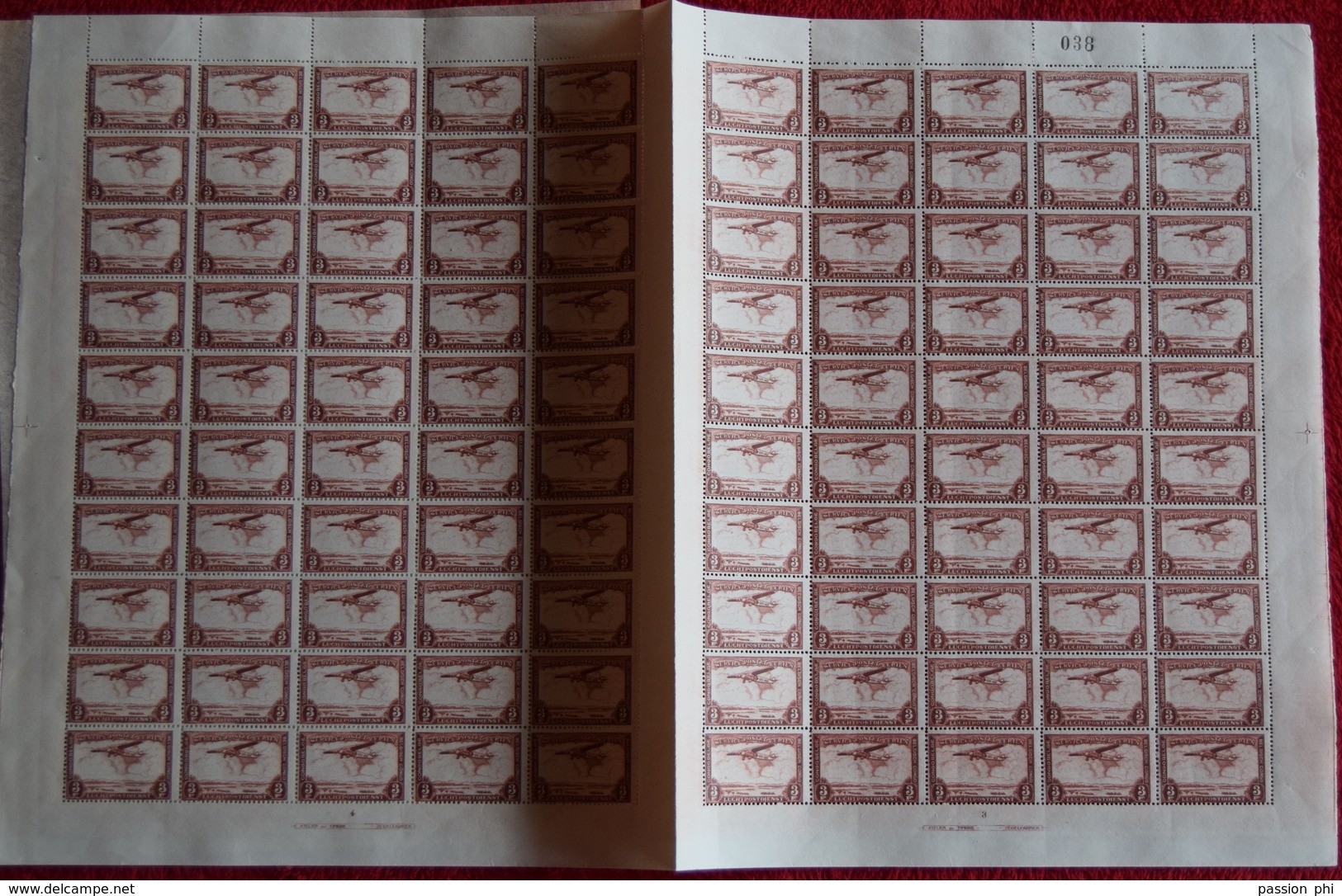 BELGIAN CONGO AIR 1934 ISSUE COB PA10 SHEET OF 100 MNH PLATE 3/4 - Feuilles Complètes