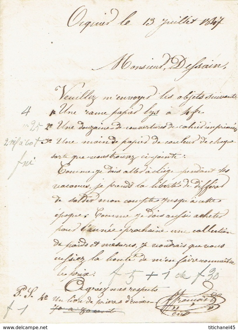 Précurseur Lettre Du 13/7/1847 Envoyée Par Porteur De OCQUIER à LIEGE - Signé FRANCOIS Instituteur - 1830-1849 (Belgique Indépendante)