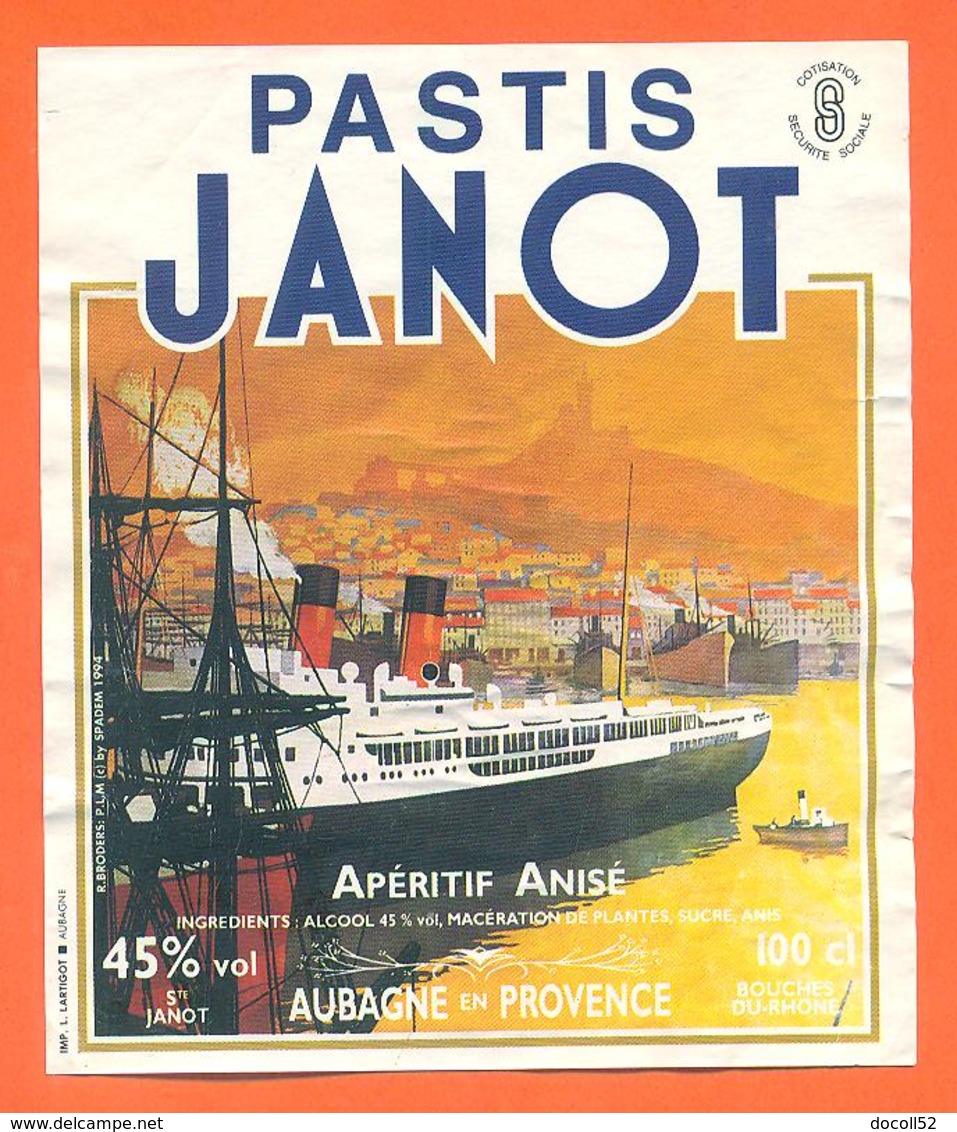 étiquette D'aperitif Anisé Pastis Janot à Aubagne En Provence - 100 Cl - Paquebot - Autres & Non Classés