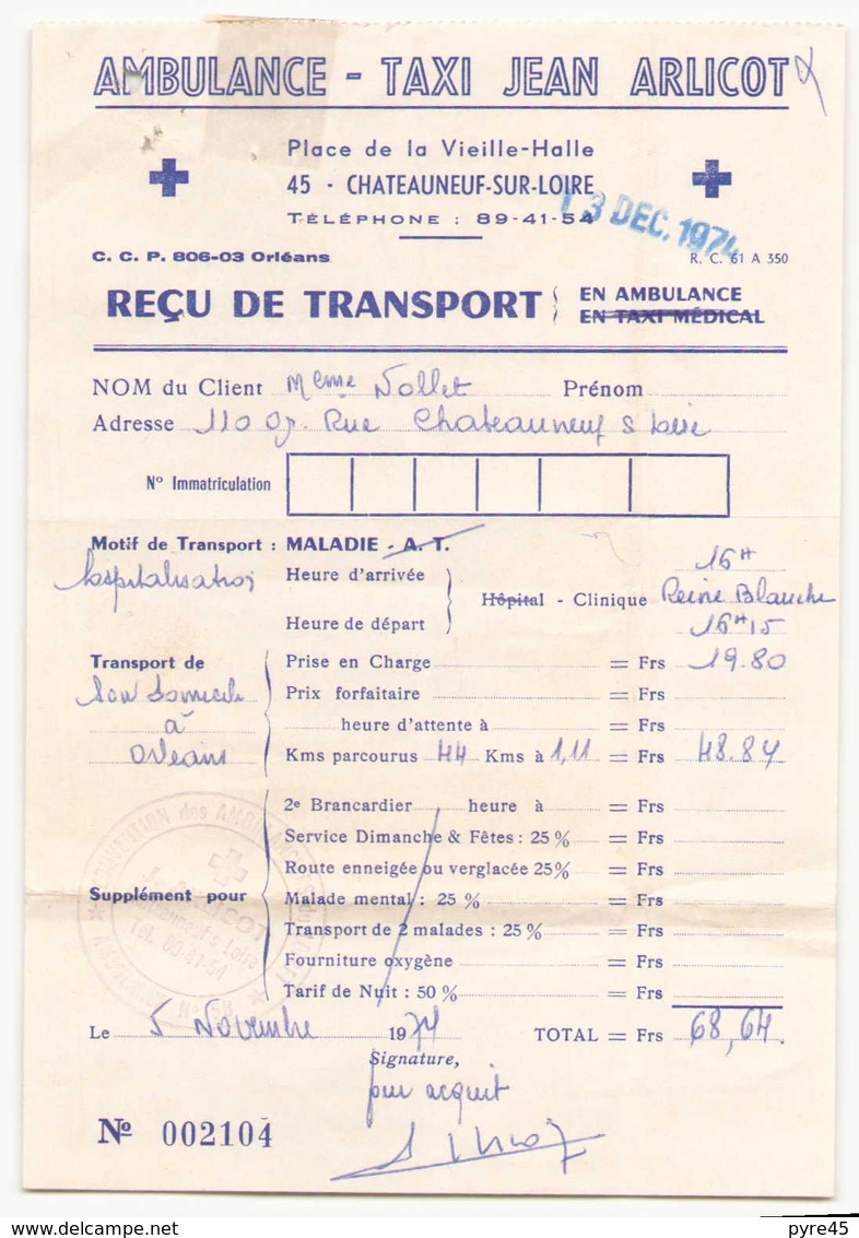 Reçu De Transport " Ambulance-taxi Jean Arlicot à Chateauneuf " Du 13 Décembre 1974 - Autres & Non Classés