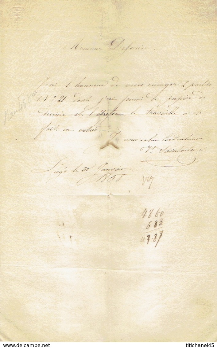 Lot de 5 lettres envoyées de 1849 à 1858 par SAINTVITEUX  fabricant de cartes à jouer à LIEGE à H. DESSAIN imprimeur