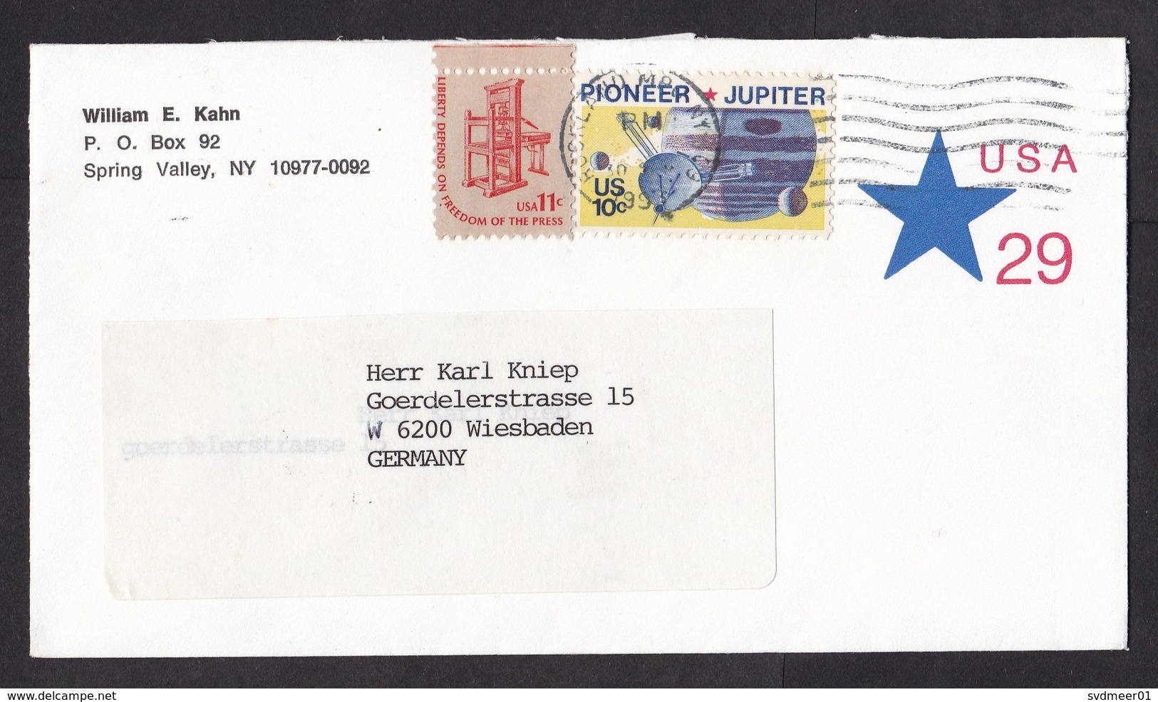 USA: Stationery Cover To Germany, 1993, 2 Extra Stamps, Pioneer, Jupiter (traces Of Use) - Brieven En Documenten